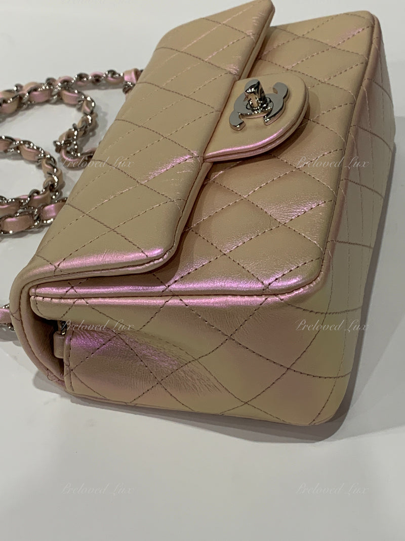 CHANEL Classic Iridescent Pink Calfskin Mini Rectangular Crossbody Bag in Silver Hardware