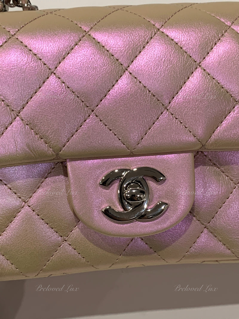 CHANEL Classic Iridescent Pink Calfskin Mini Rectangular Crossbody Bag in Silver Hardware