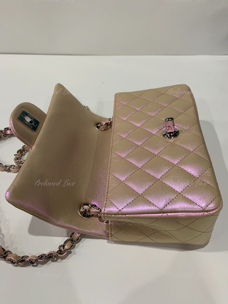 CHANEL Classic Iridescent Pink Calfskin Mini Rectangular Crossbody Bag in Silver Hardware