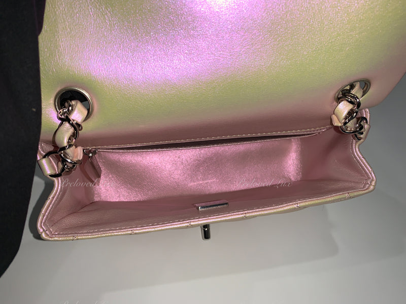 CHANEL Classic Iridescent Pink Calfskin Mini Rectangular Crossbody Bag in Silver Hardware