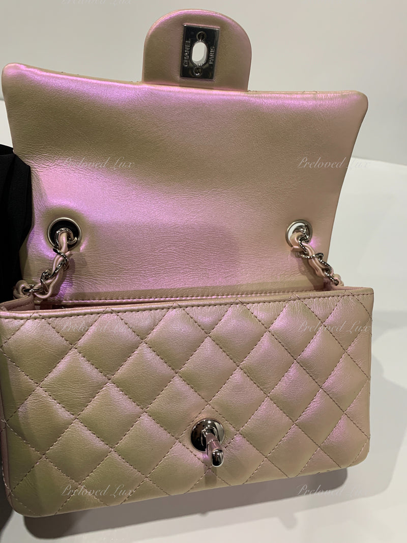 CHANEL Classic Iridescent Pink Calfskin Mini Rectangular Crossbody Bag in Silver Hardware