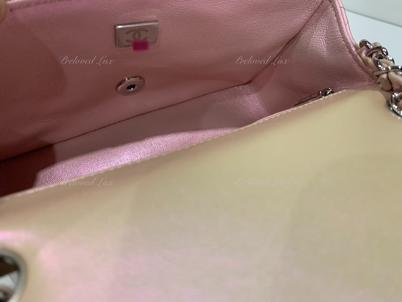 CHANEL Classic Iridescent Pink Calfskin Mini Rectangular Crossbody Bag in Silver Hardware