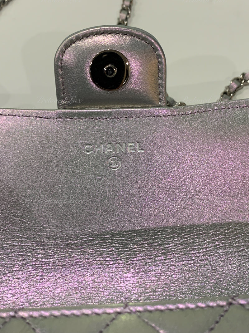 CHANEL Iridescent Purple Calfskin Mini Flap Crossbody Bag in Silver Hardware