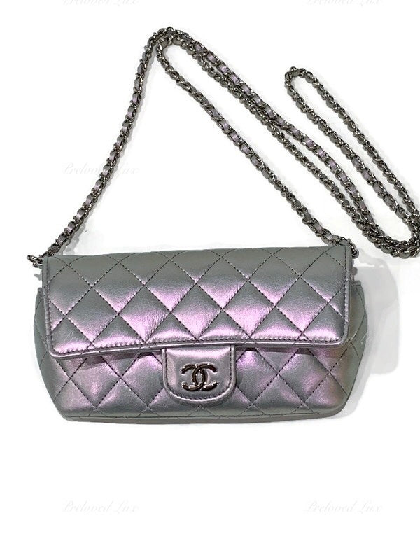 CHANEL Iridescent Purple Calfskin Mini Flap Crossbody Bag in Silver Ha –  Preloved Lux