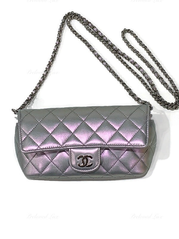 CHANEL Iridescent Purple Calfskin Mini Flap Crossbody Bag in Silver Hardware