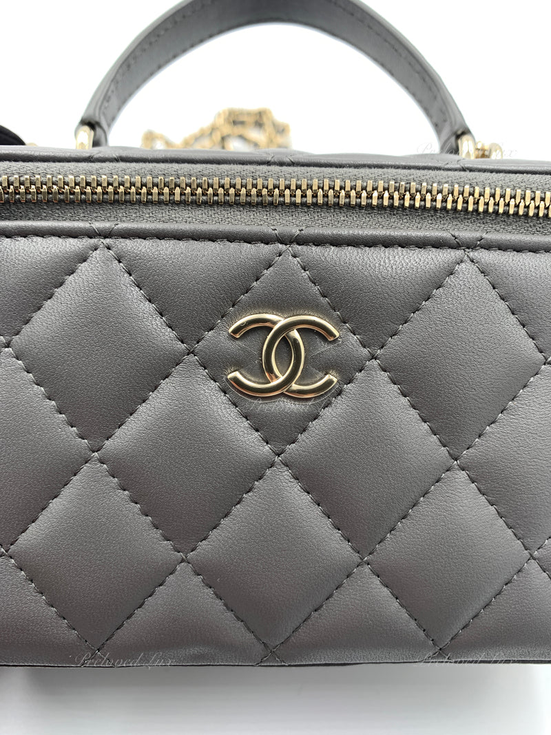 CHANEL Lambskin Grey Top Handle Vanity Case Chain Bag Light Gold Hardware