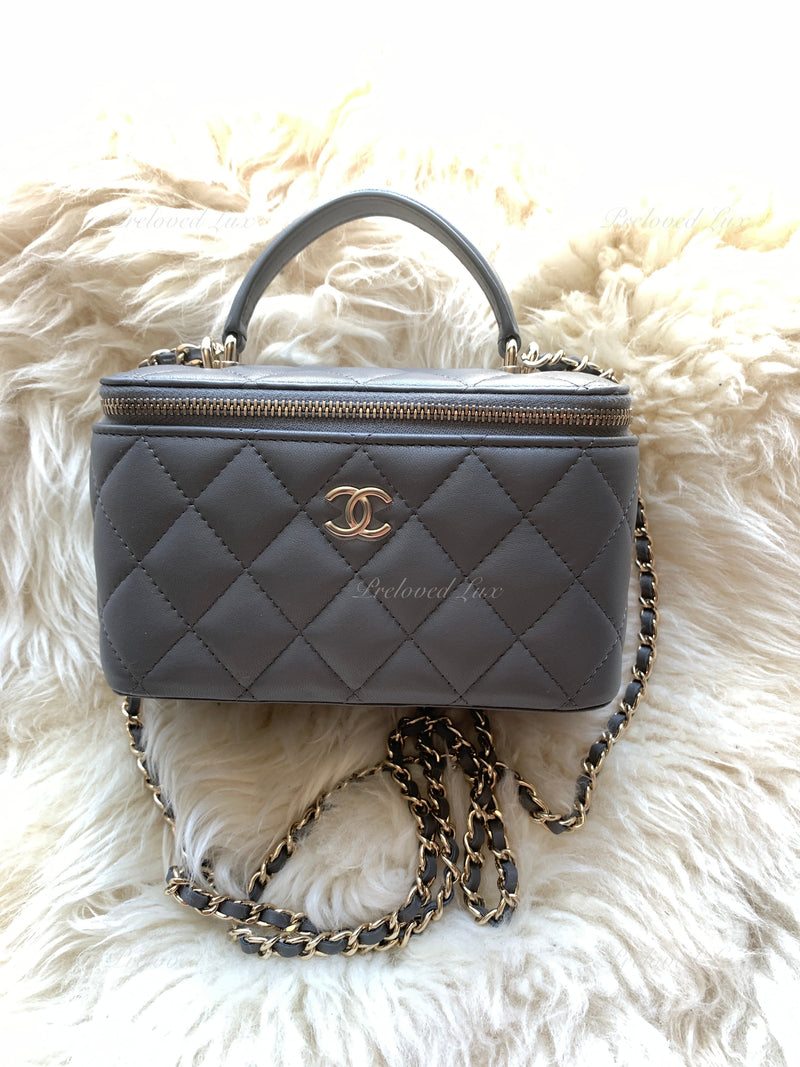 CHANEL Lambskin Grey Top Handle Vanity Case Chain Bag Light Gold Hardware