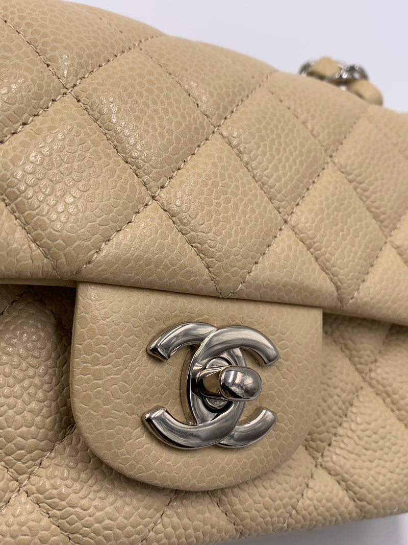 CHANEL Caviar Mini Rectangular Flap Beige with Silver hardware