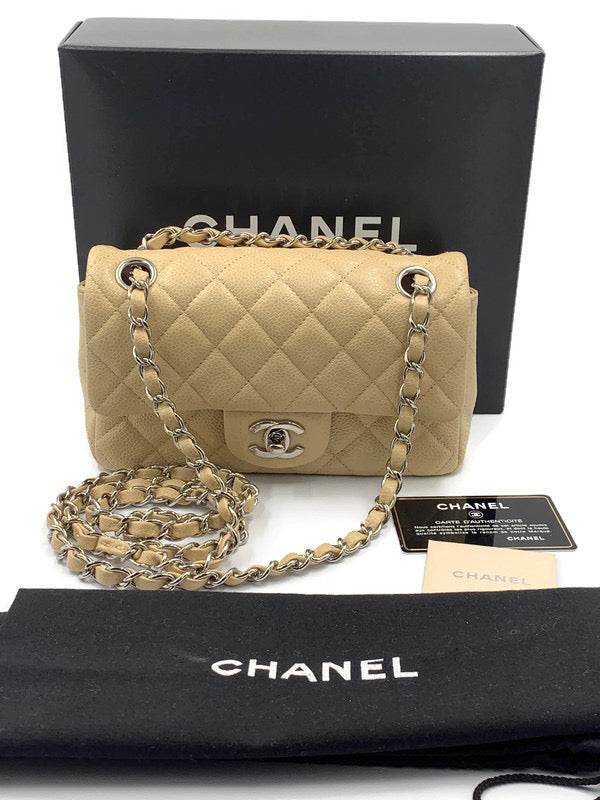 Chanel Classic Mini Rectangular, Light Beige Caviar with Silver Hardware,  Preowned in Dustbag WA001