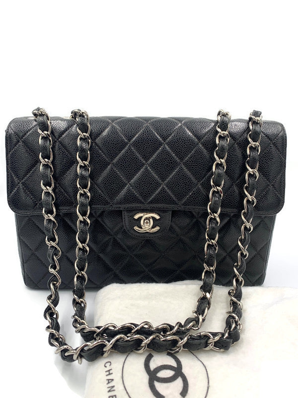 Sold-CHANEL Caviar Jumbo Flap Shoulder Bag black Silver hardware
