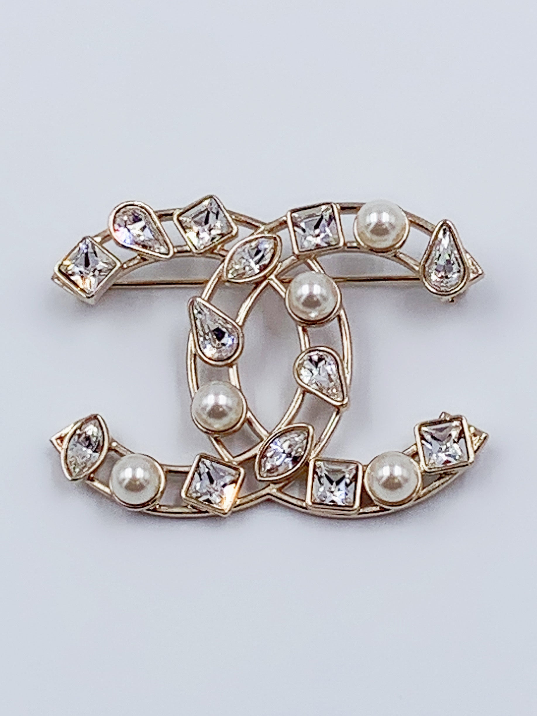 CHANEL CC Gold Rhinestones and Pearl Brooch - Preloved Lux Canada