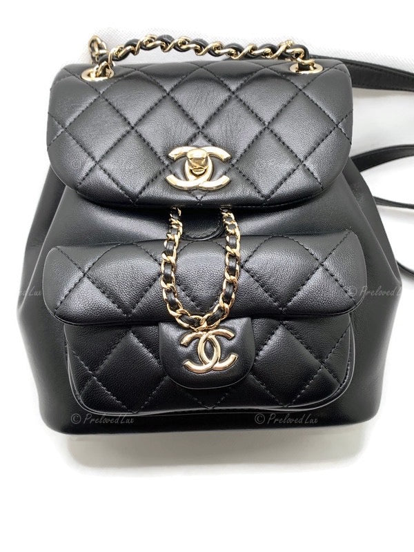 chanel mini backpack replica CHANEL Black lambskin Mini Duma Drawstring Backpack / Gold Hardware – Preloved Lux