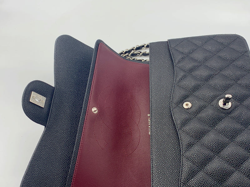 Sold-CHANEL Classic Double Flap Caviar Large (Jumbo) Bag Silver Hardware