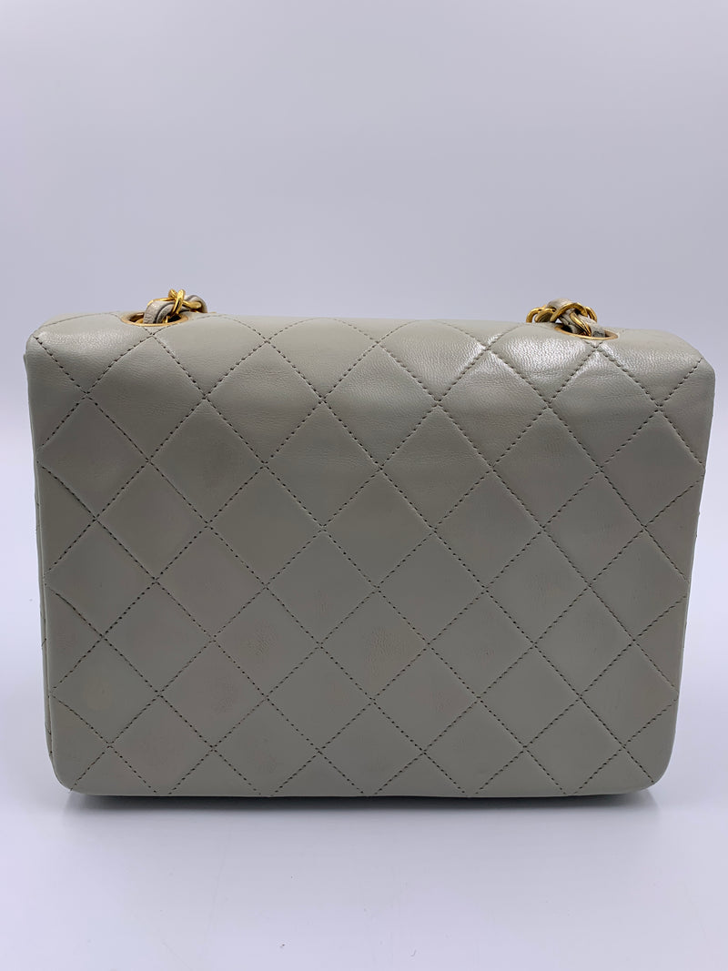 Sold-CHANEL Classic Lambskin Chain Mini Square Flap Bag Light Grey Gold Hardware