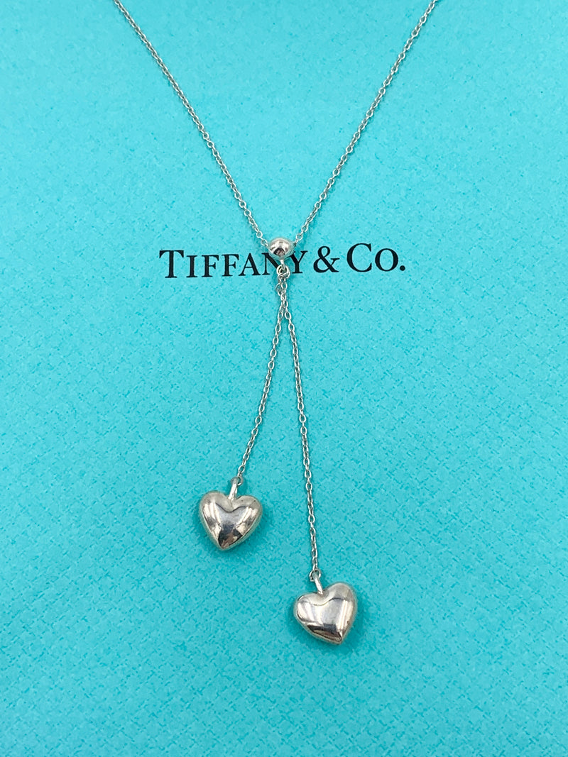 Tiffany & Co 925 Silver Double Dangling Hearts Pendant Necklace