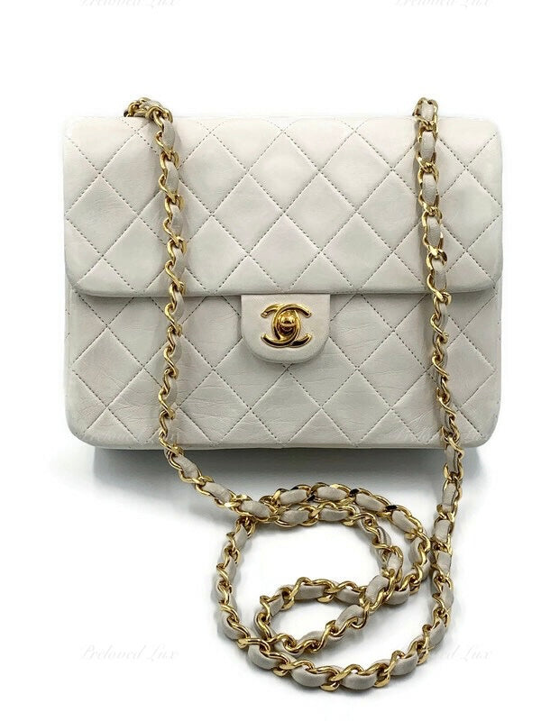 CHANEL Classic Lambskin Chain Mini Square Flap Bag Ivory white gold hardware  - Vintage Preloved Lux Canada Authentic Timeless classic flap Crossbody