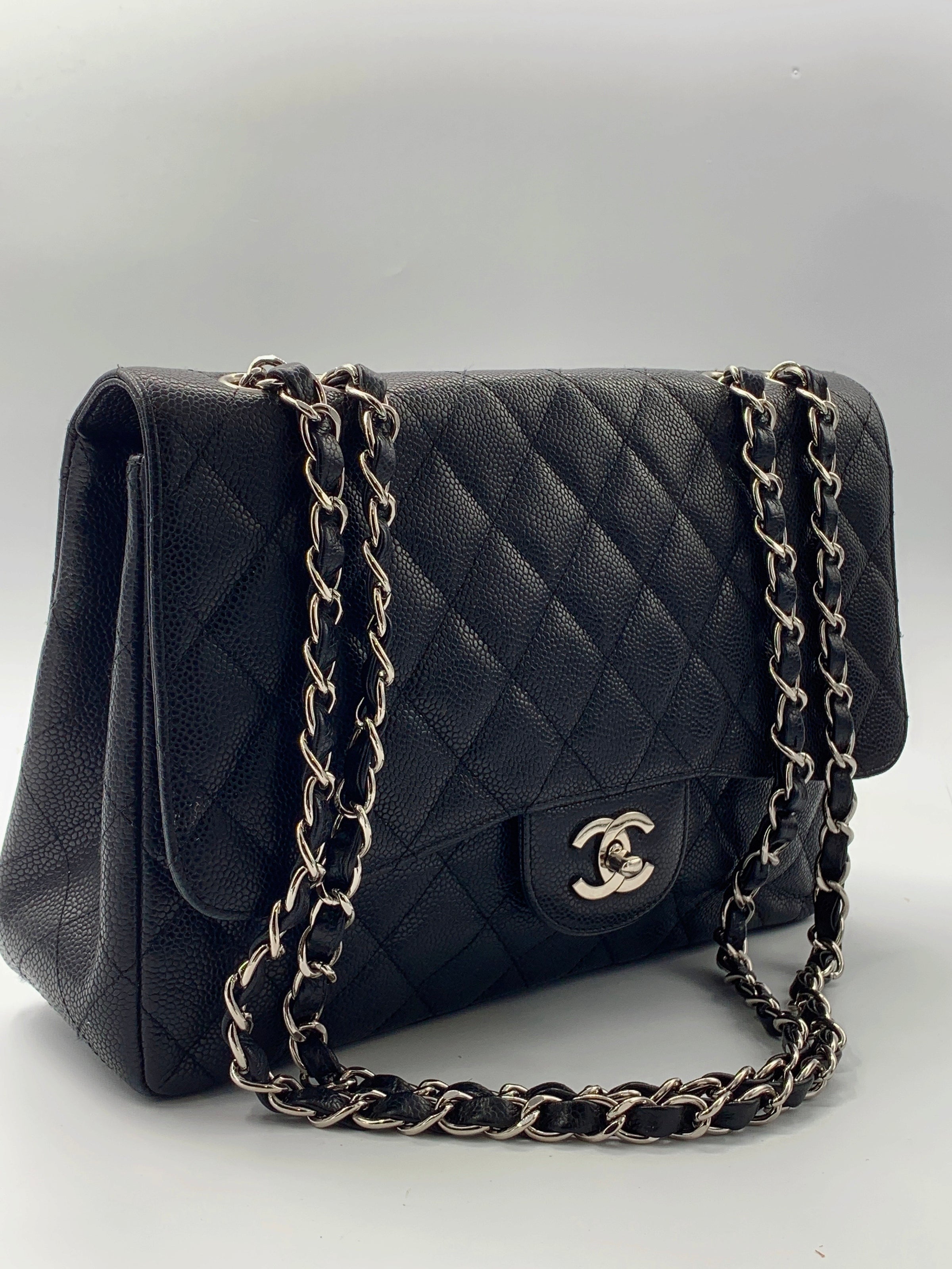 Vintage Chanel Jumbo Classic Single Flap Bag Black Caviar Gold Hardware