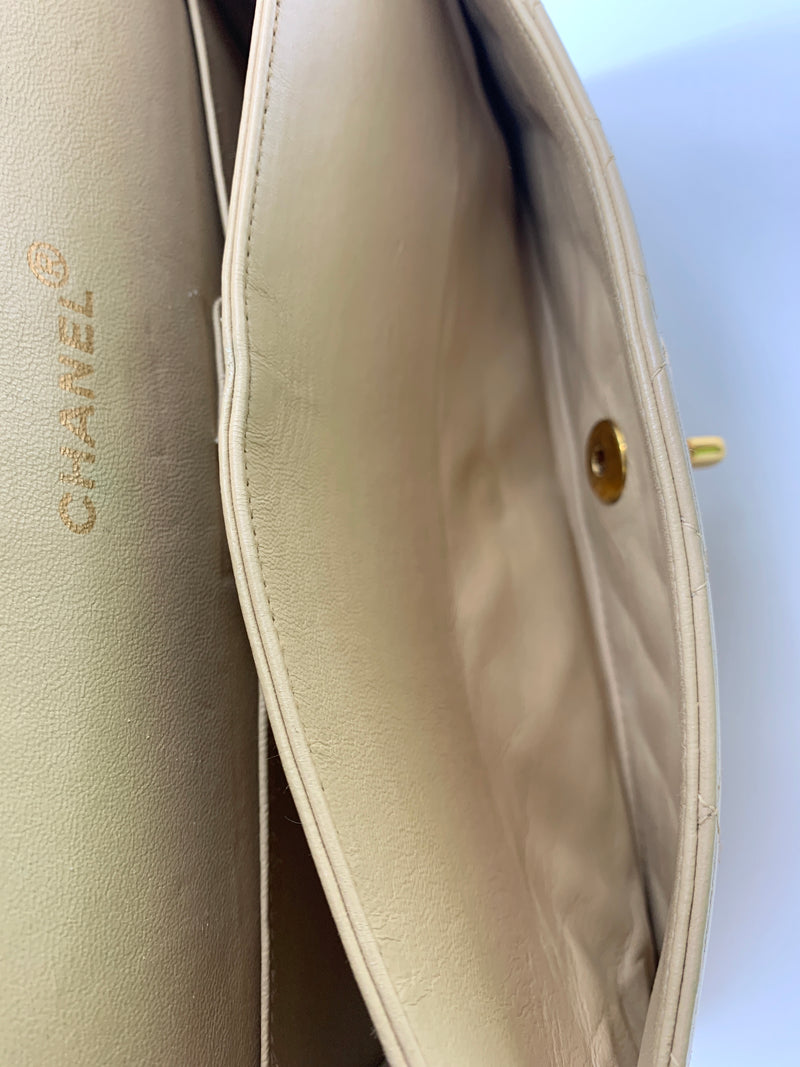 Sold-CHANEL Classic Lambskin Double Flap Medium Shoulder Bag - Beige Gold Hardware