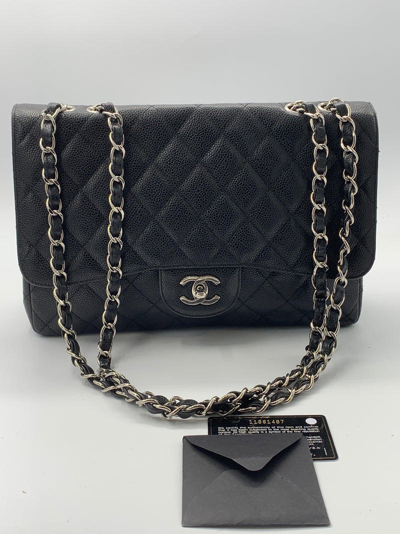 Chanel Black Quilted Caviar Medium Classic Double Flap Ruthenium Hardware, 2006-2008 (Very Good), Black/Silver Womens Handbag