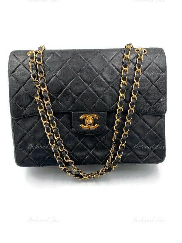 Sold-CHANEL Classic Lambskin Double Chain Double Flap Medium Square Bag Black / Gold Hardware