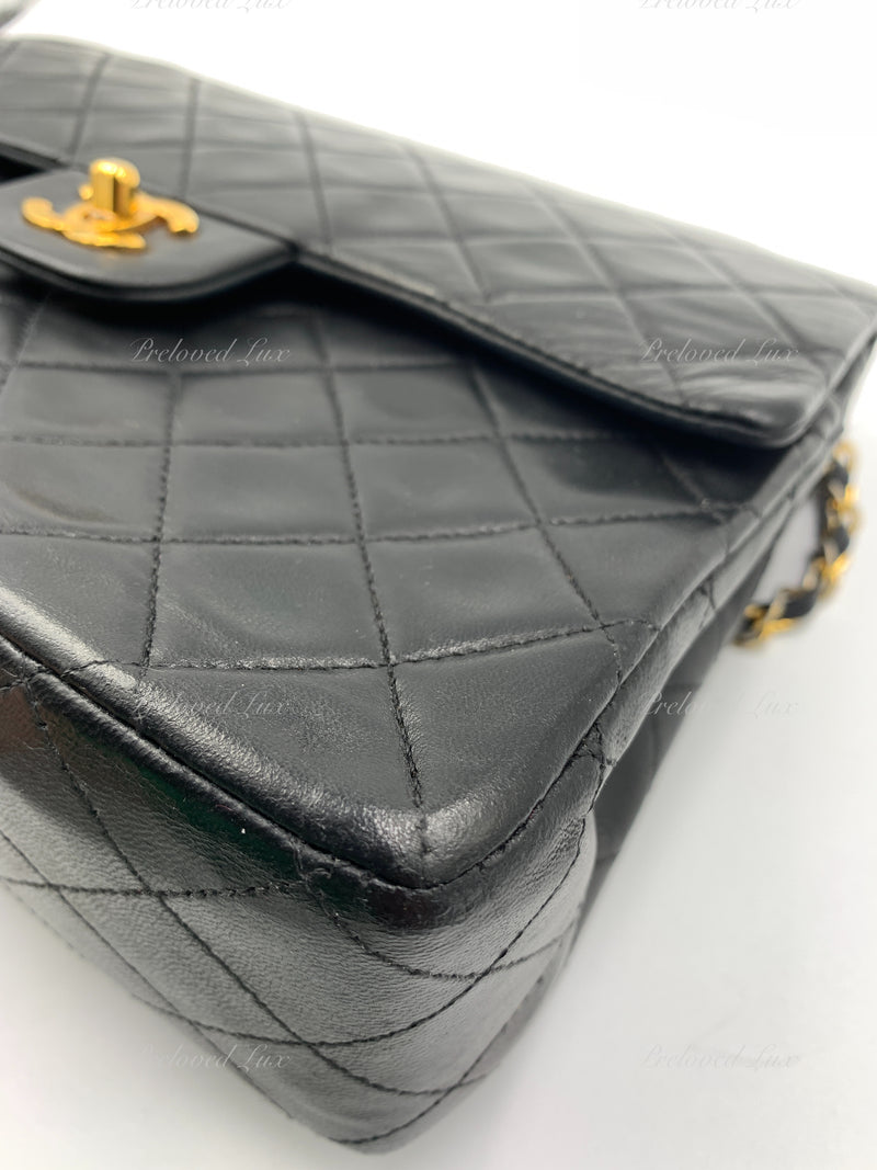 Sold-CHANEL Classic Lambskin Double Chain Double Flap Medium Square Bag Black / Gold Hardware