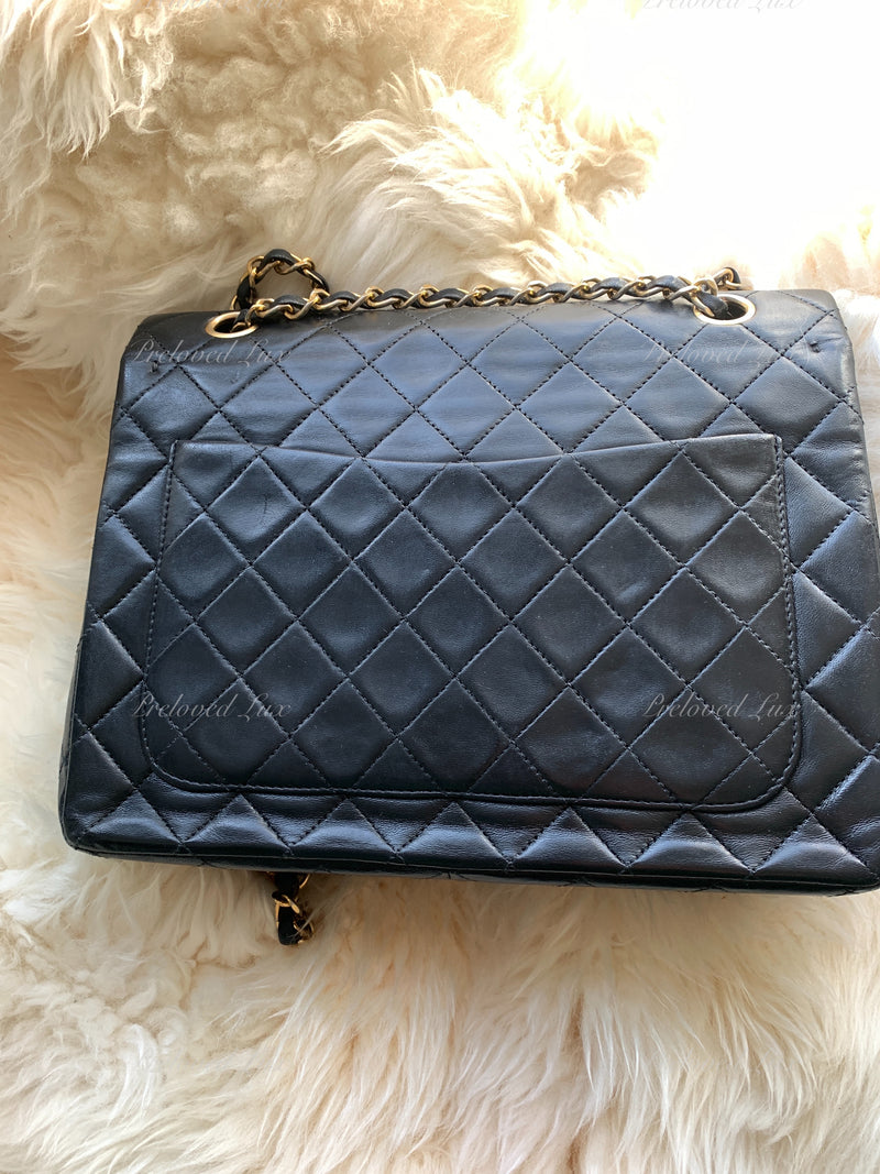 Sold-CHANEL Classic Lambskin Double Chain Double Flap Medium Square Bag Black / Gold Hardware