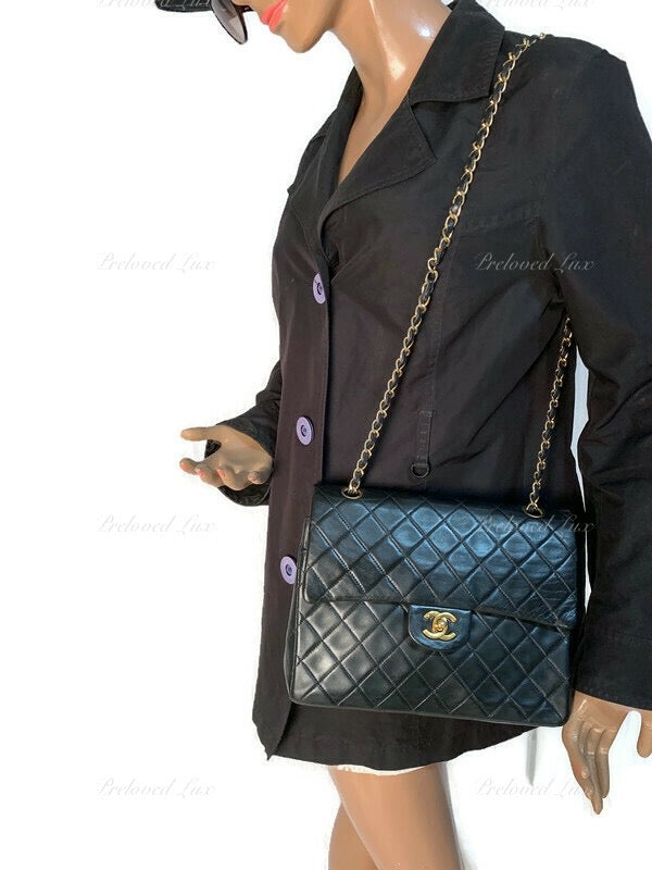 Sold-CHANEL Classic Lambskin Double Chain Double Flap Medium Square Bag Black / Gold Hardware