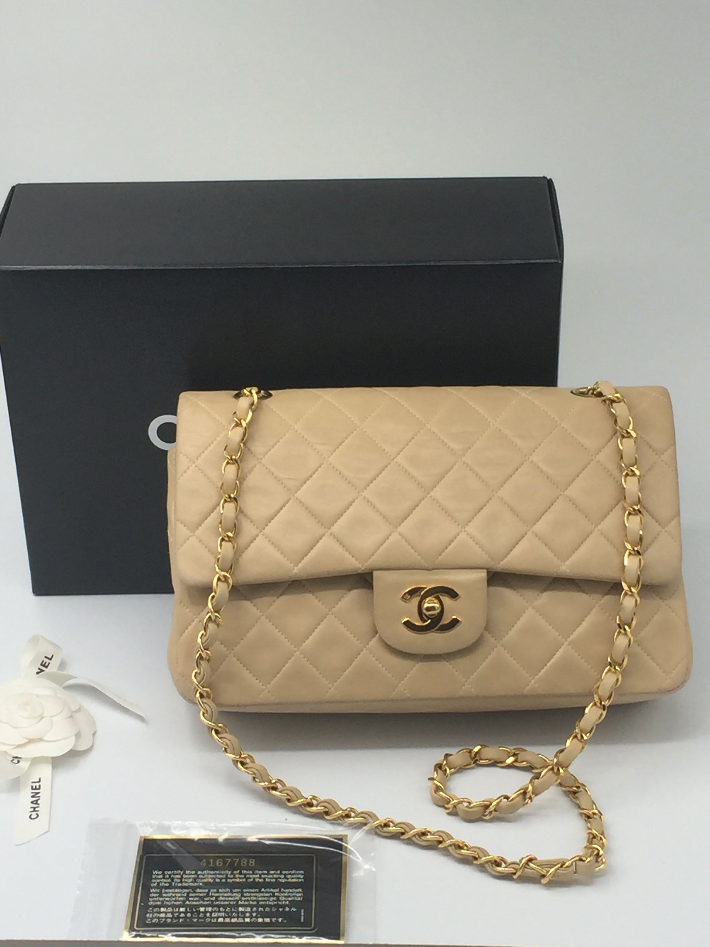 Sold-CHANEL Classic Lambskin Double Chain Double Flap Bag 25 beige/gol –  Preloved Lux