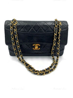 CHANEL Lambskin Double Chain Small Vintage Flap Black / Gold Hardware