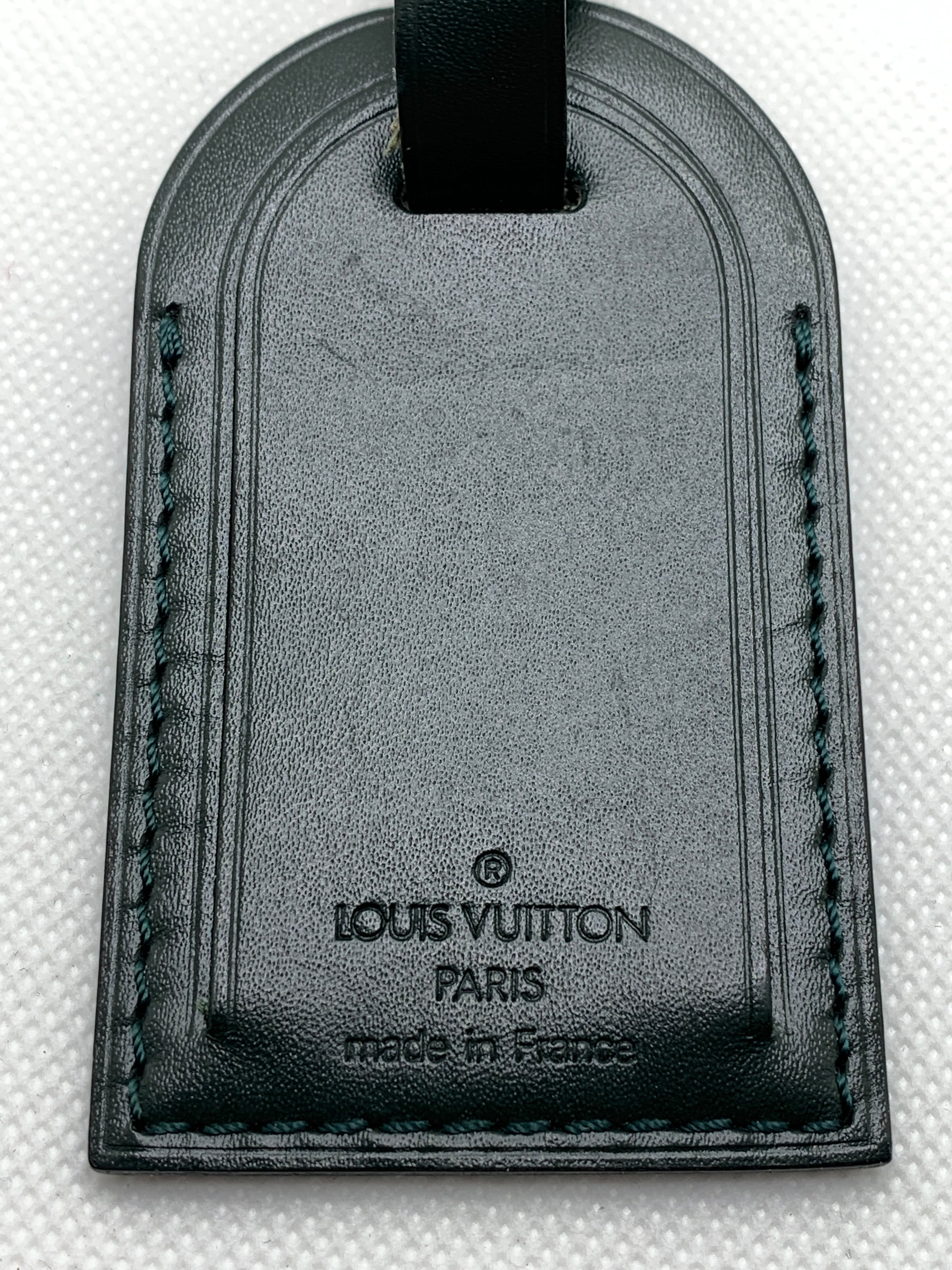 Authentic Louis Vuitton Large Dark Green Leather Luggage Tag Stamped K.K