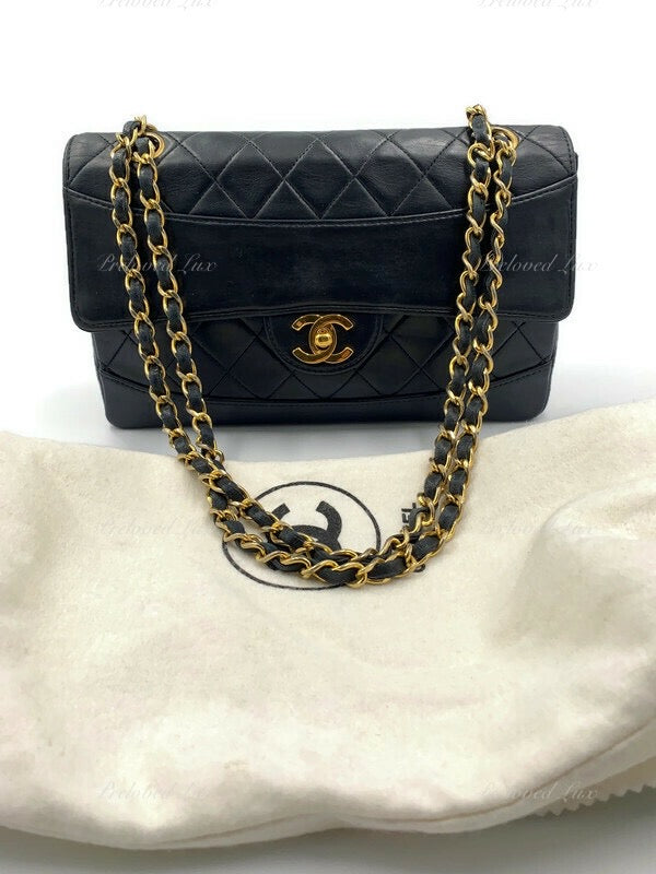 CHANEL Lambskin Double Chain Small Vintage Flap Black / Gold Hardware