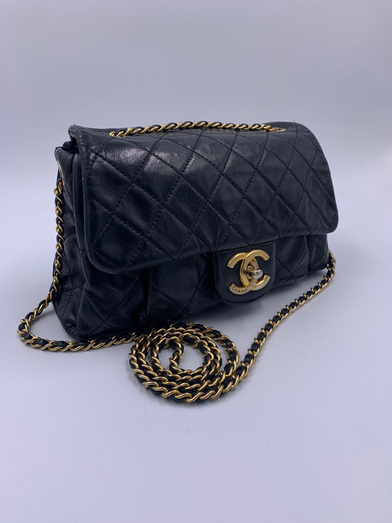 Sold-CHANEL Iridescent Calfskin Flap Crossbody Bag - Black Gold