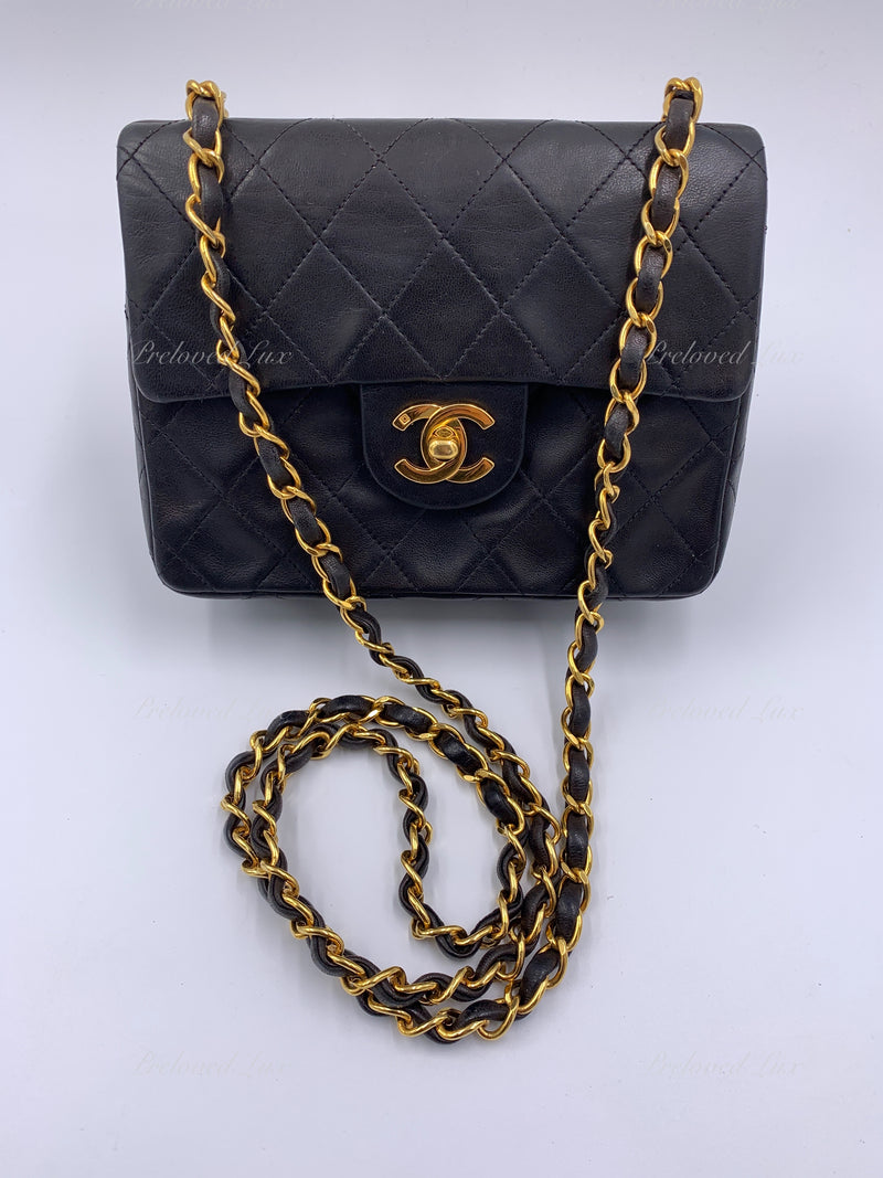 CHANEL Classic Lambskin Chain Mini Square Flap Bag black in Gold Hardw –  Preloved Lux