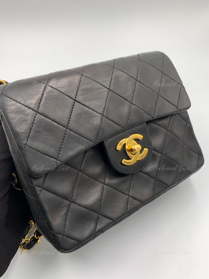 CHANEL Classic Lambskin Chain Mini Square Flap Bag black in Gold Hardw –  Preloved Lux