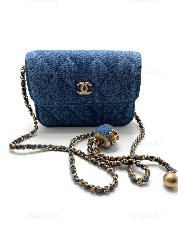Authentic Chanel Gold Pearl Crush Blue Denim Clutch With Chain Belt Bag