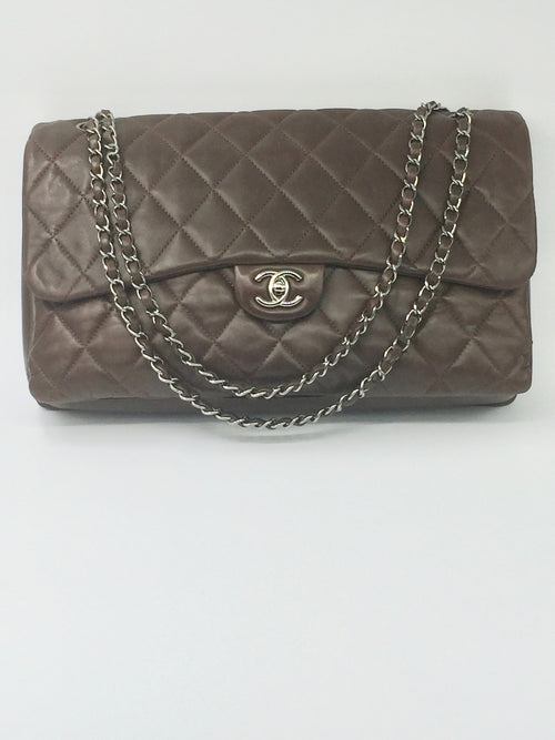 Chanel Classic maxi flap shoulder bag Jumbo silver hardware lambskin Dark brown vintage