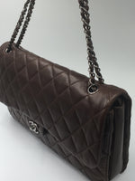 Sold-CHANEL Lambskin Double Chain Single Flap Maxi Size Bag Dark Brown/Silver