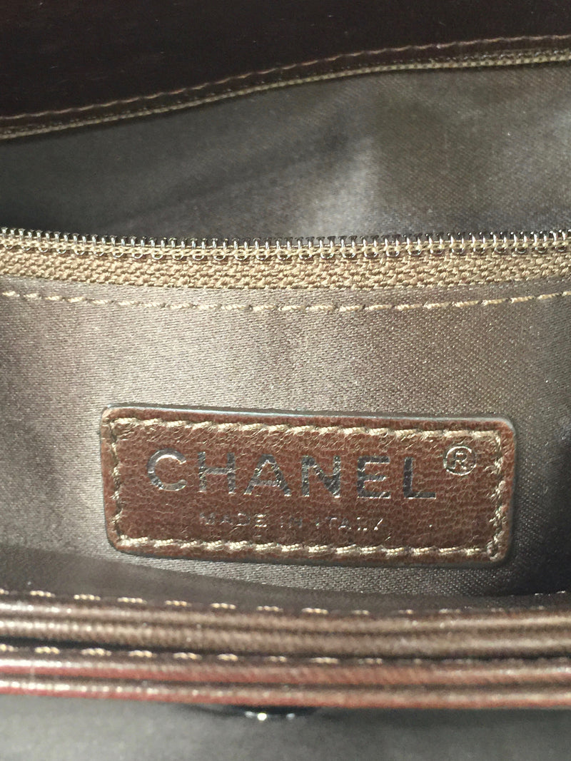 CHANEL Lambskin Double Chain Single Flap Maxi Size Bag Dark Brown/Silver