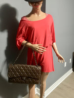 Sold-CHANEL Lambskin Double Chain Single Flap Maxi Size Bag Dark Brown/Silver