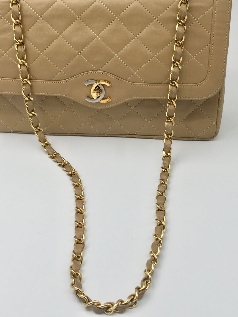 Sold-CHANEL Paris Lambskin Double Chain Double Flap Bag Beige/gold ...