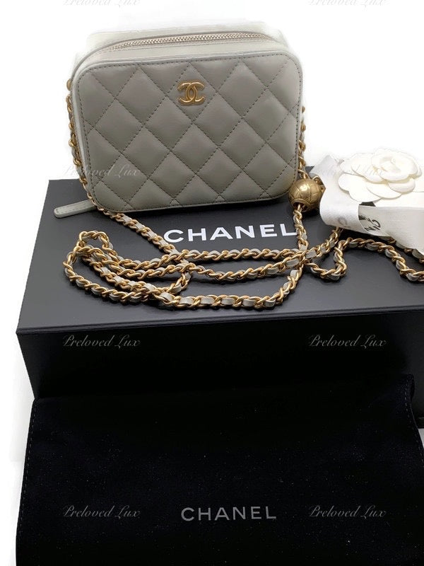 CHANEL Grey Lambskin Pearl Crush Mini Vanity Camera Bag in Aged Gold Hardware Preloved Lux Canada