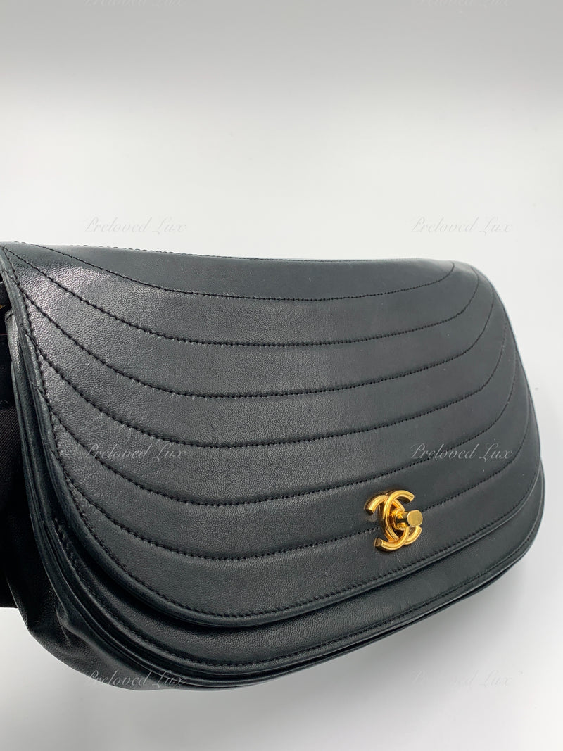 Authentic CHANEL Vintage Lambskin Half Moon Flap Bag Black Gold Hardware