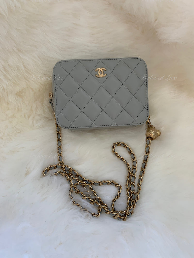 CHANEL Grey Lambskin Pearl Crush Mini Vanity Camera Bag in Aged