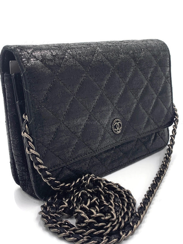 CHANEL Calfskin Quilted Mini Maxi Pearls Wallet On Chain WOC Black 1161242
