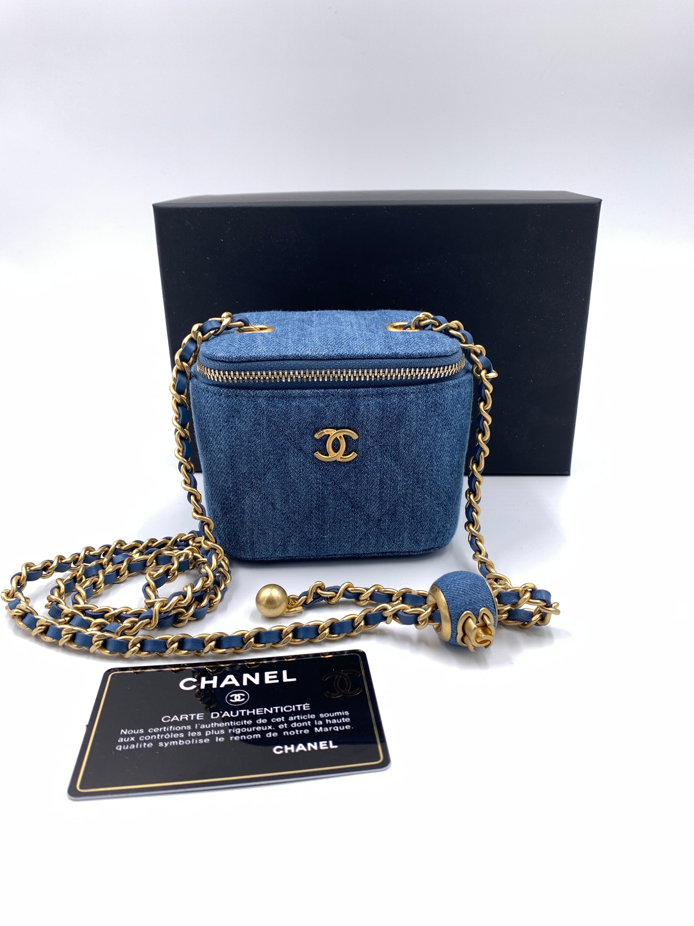 CHANEL Denim Pearl Crush Mini Vanity Case Chain Bag Gold Hardware