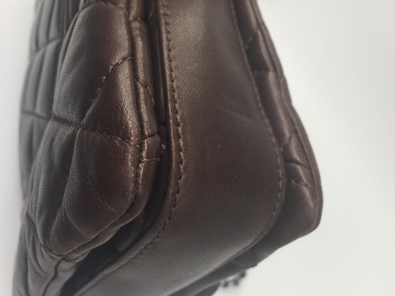 Sold-CHANEL Lambskin Double Chain Single Flap Maxi Size Bag Dark Brown/Silver