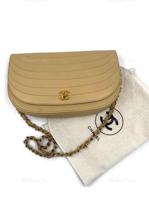 CHANEL Vintage Lambskin Half Moon Flap Bag Beige / gold hardware