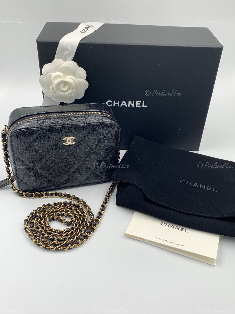 CHANEL Black Caviar Mini Camera Bag in Gold Hardware