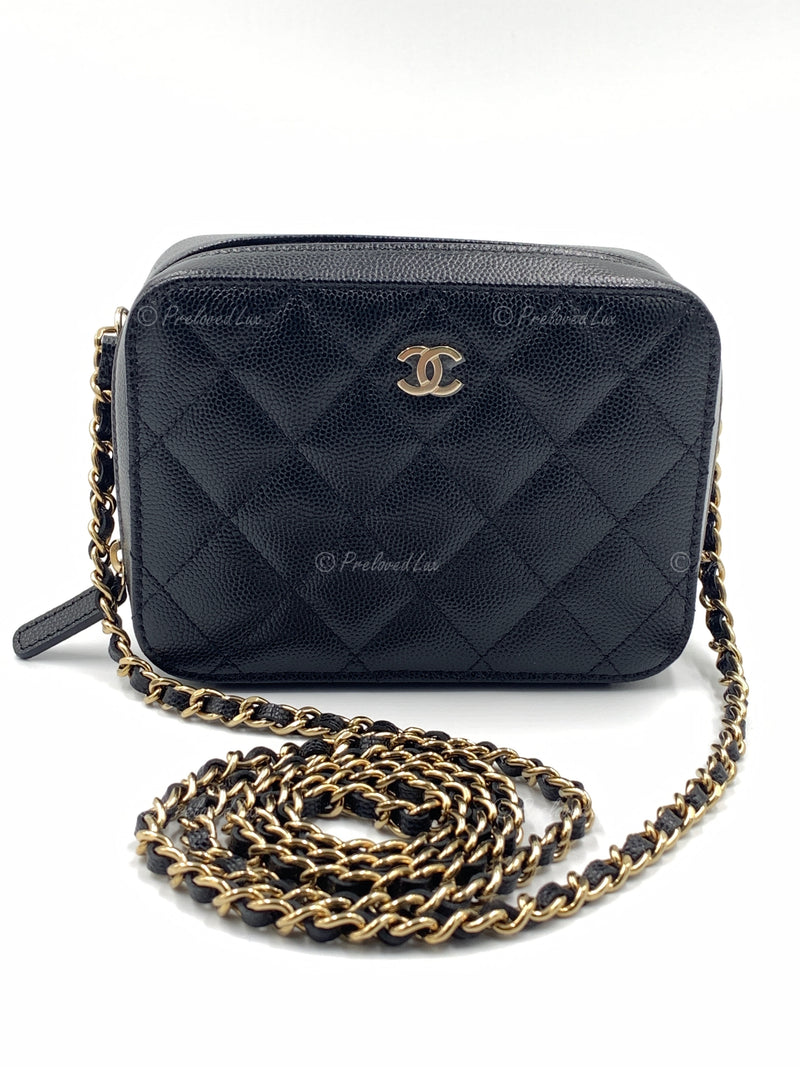 CHANEL Black Caviar Mini Camera Bag in Gold Hardware