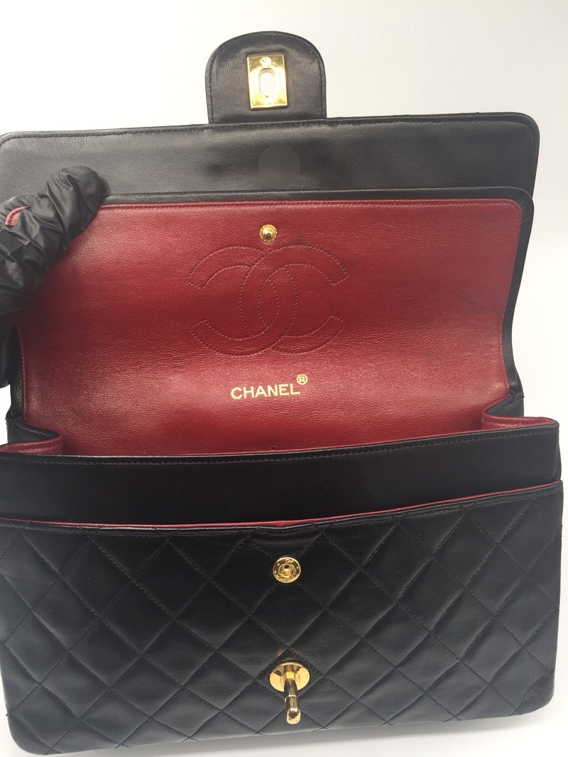 Sold - CHANEL Lambskin Double Chain Double Flap Bag black/GHW